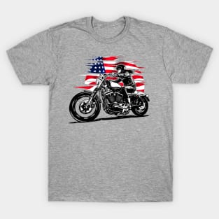 Woman biker on motorcycle with American flag T-Shirt